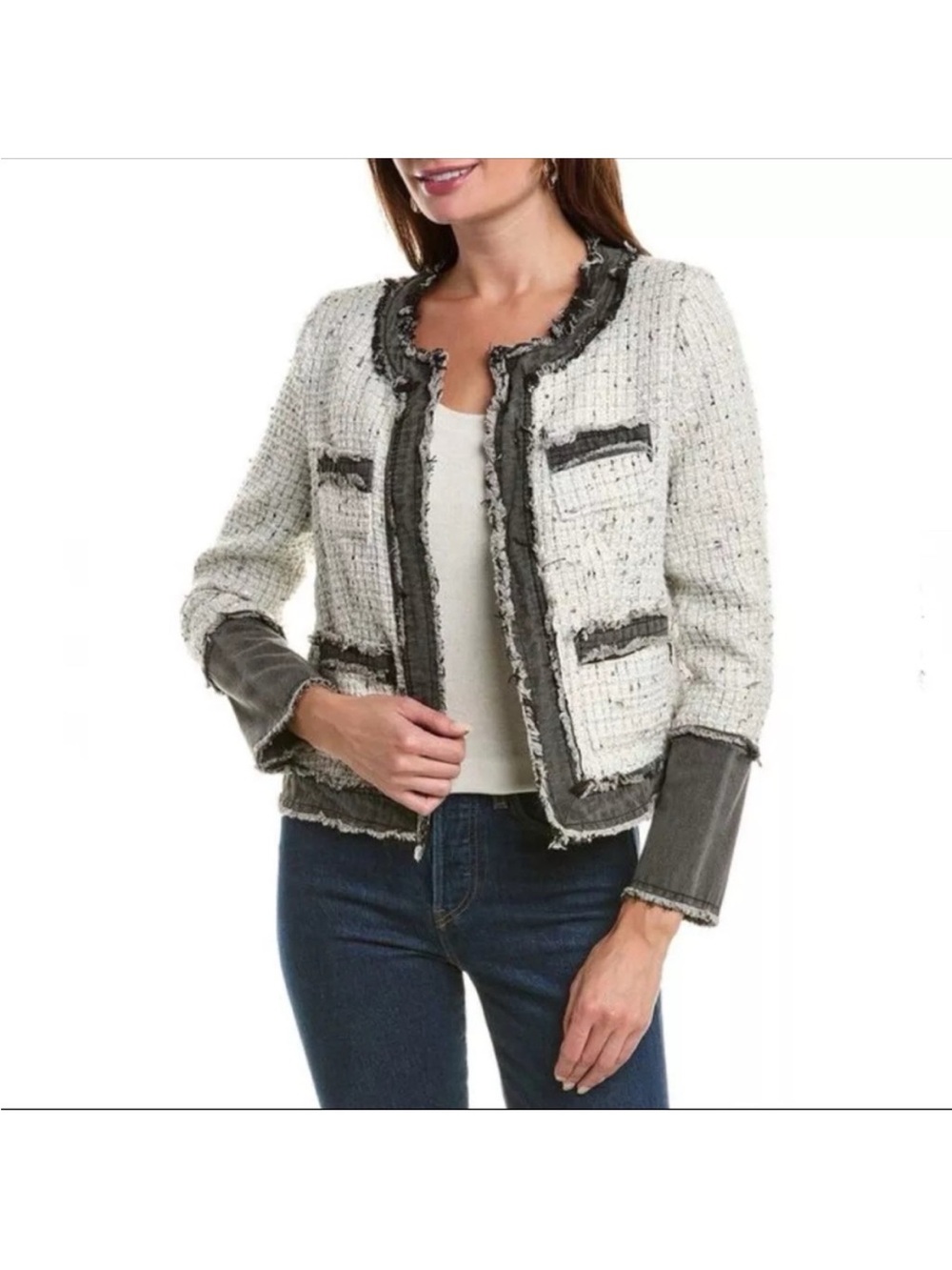 Nanette lepore Medium Textured Bouclé Open-Front Jacket in Ivory with Gray Trim